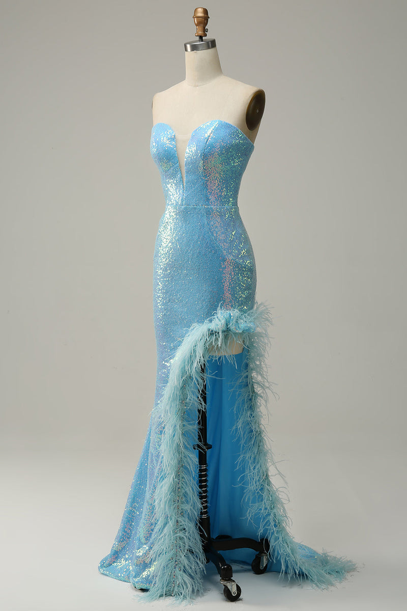 Cargar imagen en el visor de la galería, Sirena Lentejuelas Azul Claro Vestido Largo de Noite Con Plumas