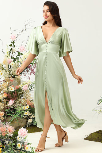 A Línea V Cuello Verde Claro Vestido Invitado Boda Medias Mangas