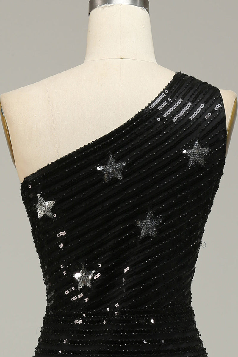 Cargar imagen en el visor de la galería, Lentejuelas Sirena Un Hombro Vestido Negro de Fiesta Con Estrella