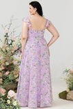 Vestido de dama de honor de estampado floral púrpura de talla grande