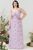 Vestido de dama de honor de estampado floral púrpura de talla grande