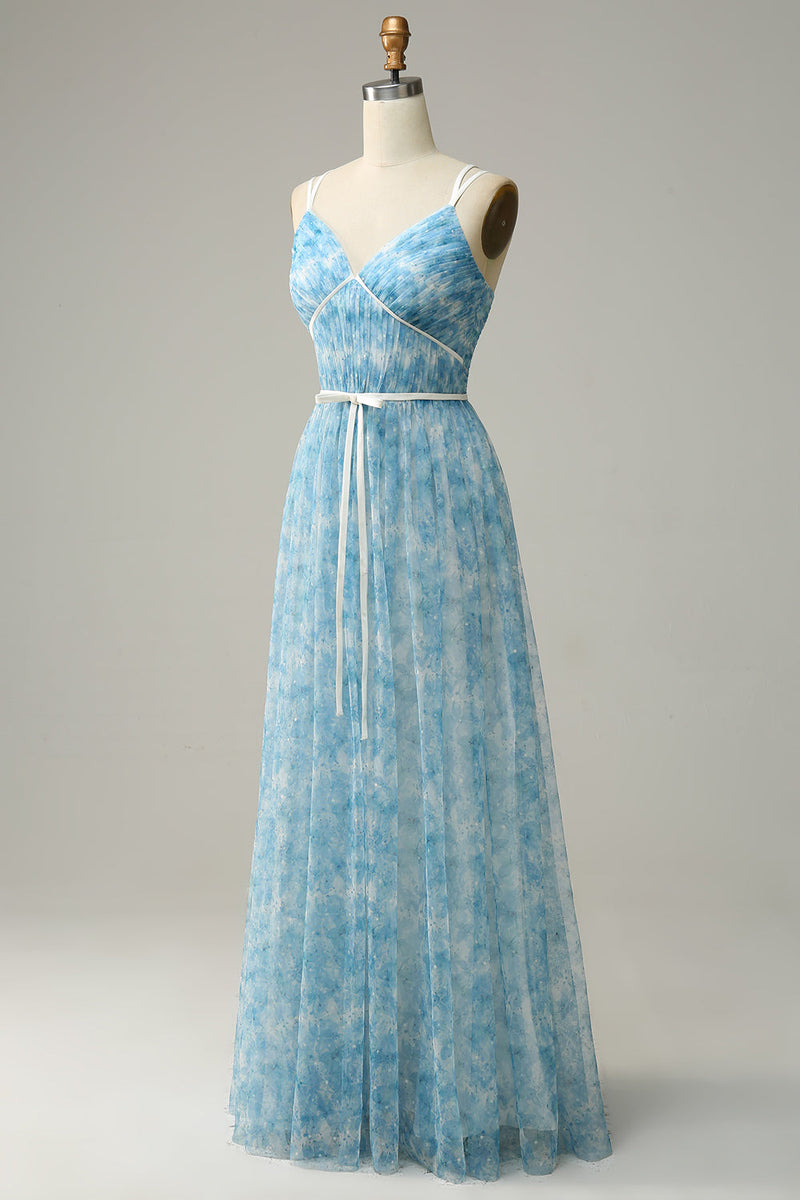 Cargar imagen en el visor de la galería, Vestido de dama de honor largo de tul con estampado azul A-Line