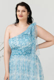 Blue Print One Shoulder Plus Size Vestido de dama de honor