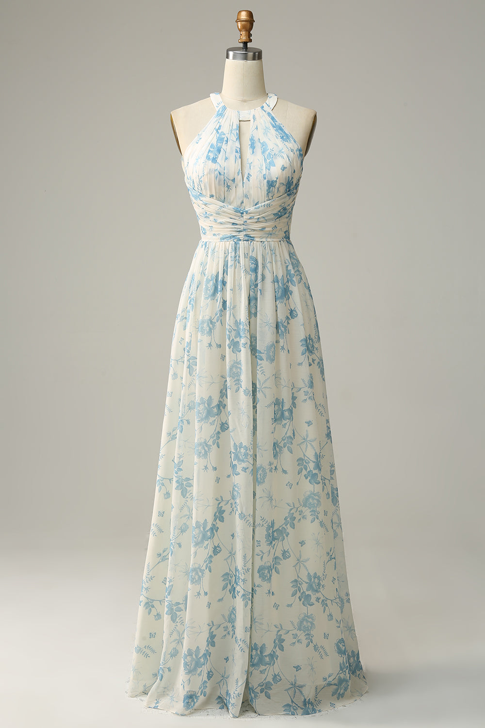 Vestido de dama de honor azul floral Boho Long Chiffon
