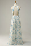 Vestido de dama de honor azul floral Boho Long Chiffon