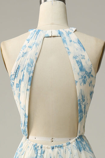 Vestido de dama de honor azul floral Boho Long Chiffon