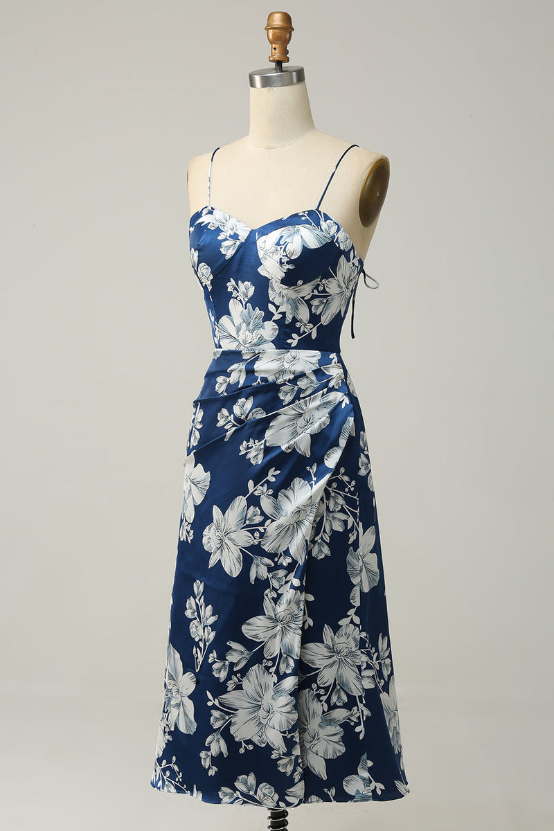 Cargar imagen en el visor de la galería, Vestido de dama de honor floral azul de tinta hasta el té
