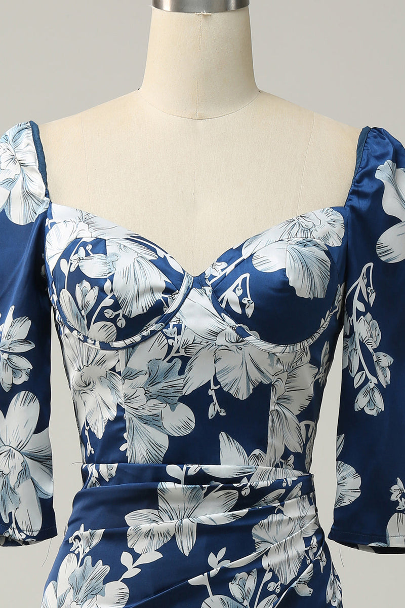 Cargar imagen en el visor de la galería, Vestido de dama de honor floral azul con mangas