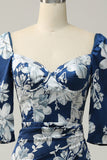 Vestido de dama de honor floral azul con mangas