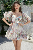 Trendy A Line Ivory Floral Printed Short Tulle Homecoming Dress con mangas cortas