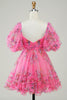 Cargar imagen en el visor de la galería, Vestido de bienvenida lindo impreso de color rosa intenso con lazo