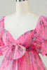 Cargar imagen en el visor de la galería, Vestido de bienvenida lindo impreso de color rosa intenso con lazo