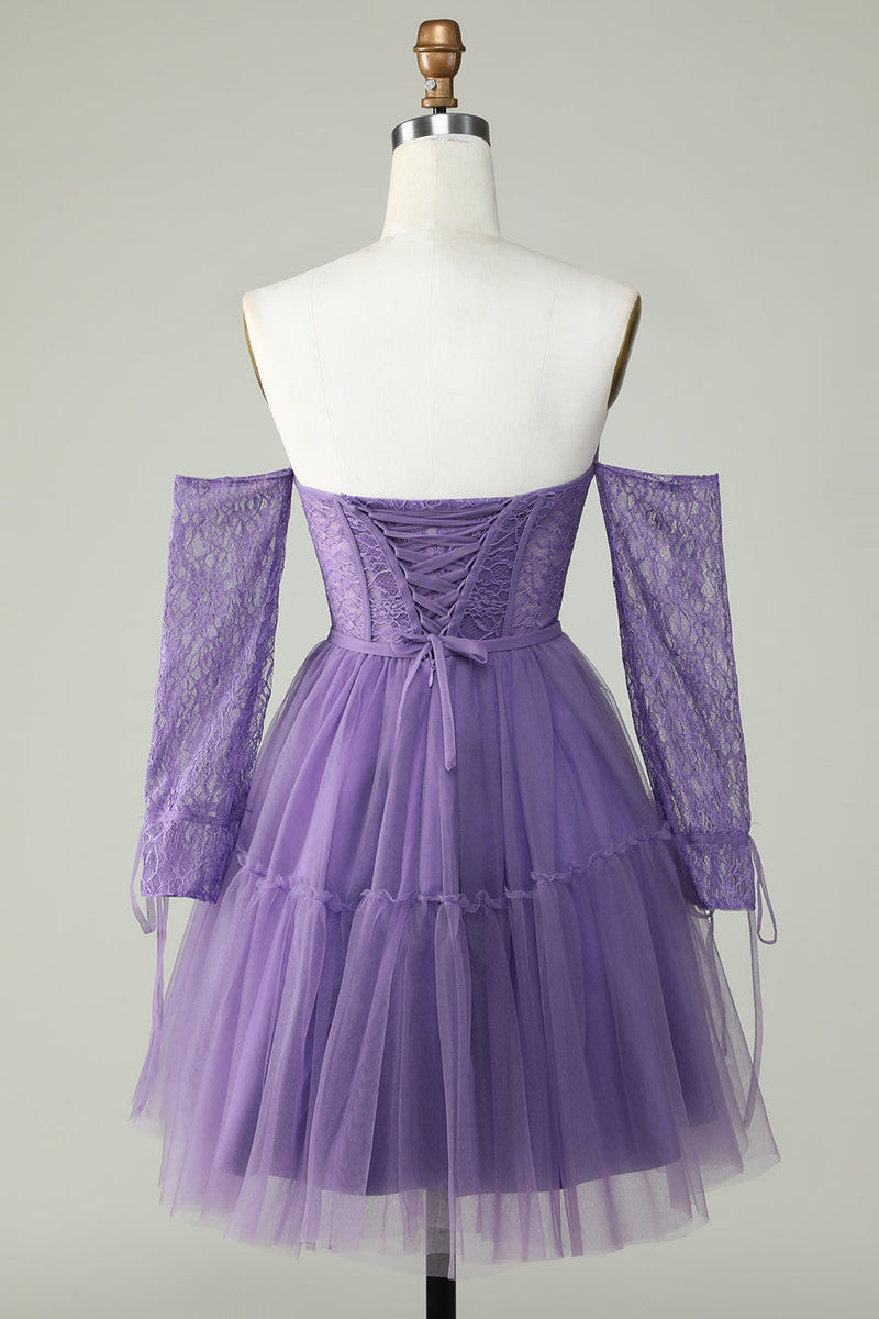Cargar imagen en el visor de la galería, Una línea fuera del hombro Corsé púrpura Vestido de bienvenida con mangas largas