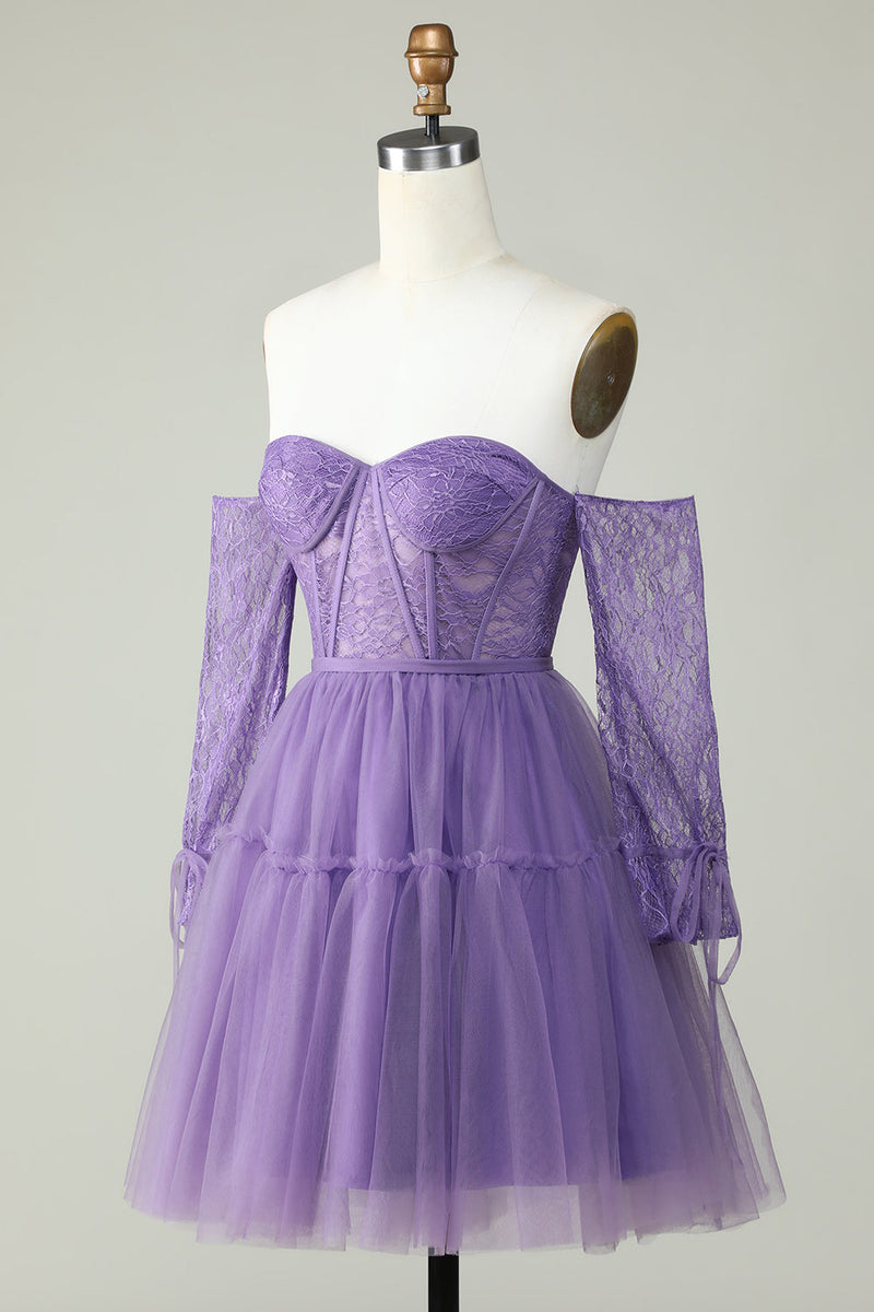 Cargar imagen en el visor de la galería, Una línea fuera del hombro Corsé púrpura Vestido de bienvenida con mangas largas