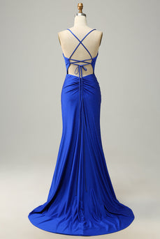 Sirena Tirantes de Espagueti Azul Real Vestido de Fiesta Con Cuentas