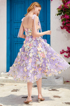Púrpura A Línea Vestido de Fiesta Con Flores 3D