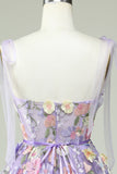A Línea Correas de Espagueti Púrpura Vestido de Cóctel Con Flores 3D