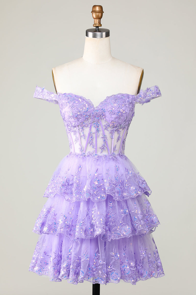 Cargar imagen en el visor de la galería, Princess A Line Purple Corsé Tiered Short Homecoming Dress con encaje