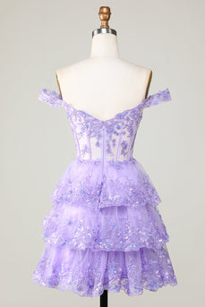 Princess A Line Purple Corsé Tiered Short Homecoming Dress con encaje
