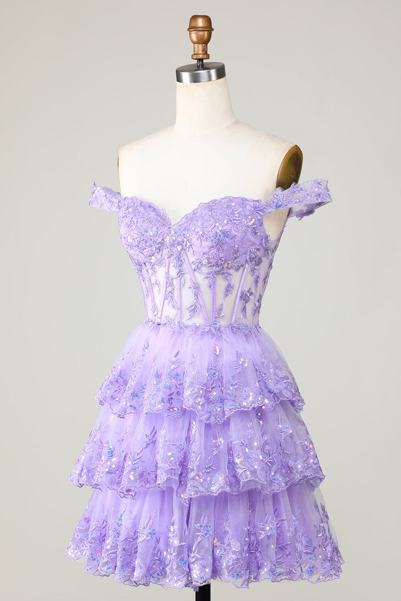 Cargar imagen en el visor de la galería, Princess A Line Purple Corsé Tiered Short Homecoming Dress con encaje