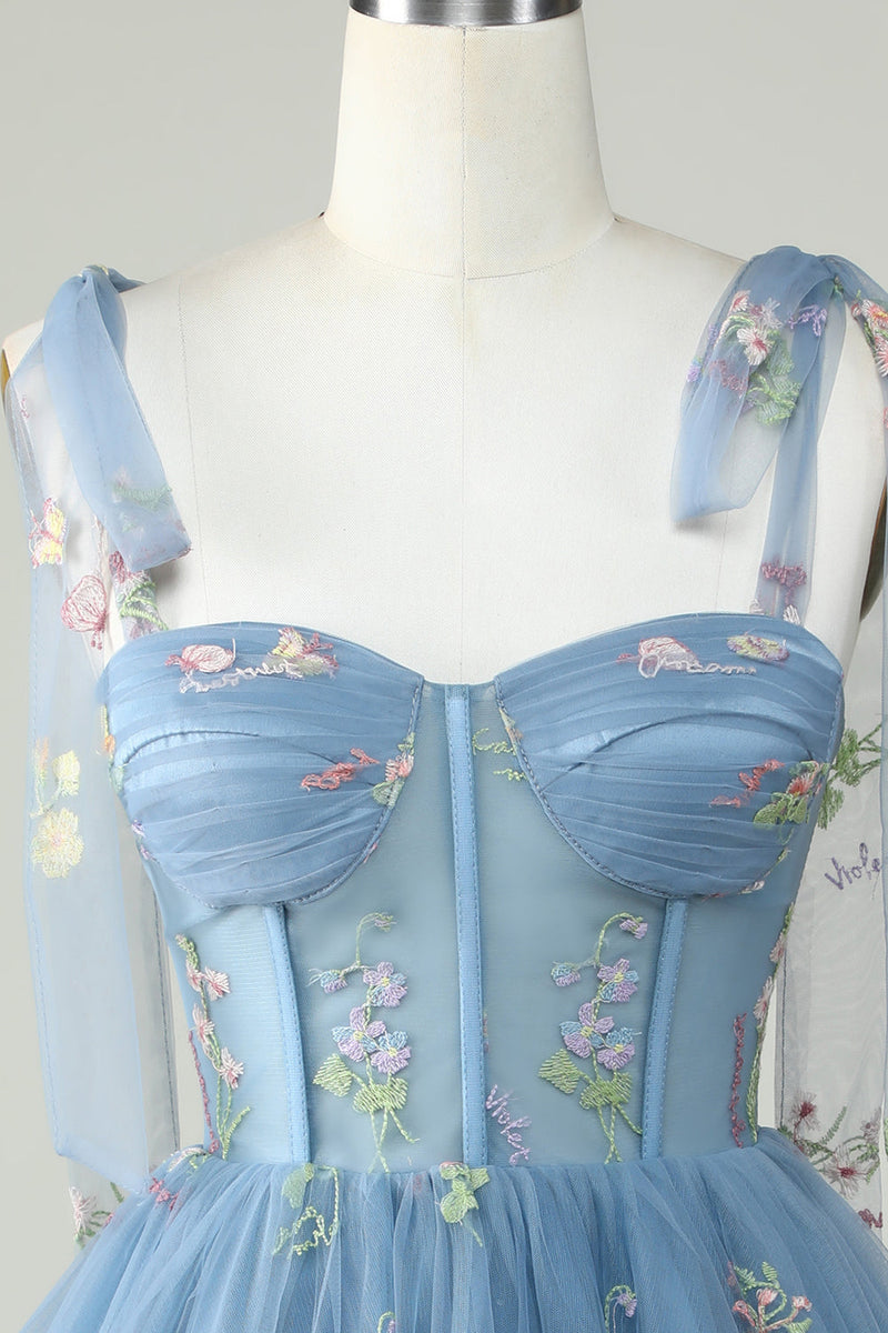Cargar imagen en el visor de la galería, Lindo A Line Spaghetti Straps Grey Blue Short Homecoming Dress con apliques