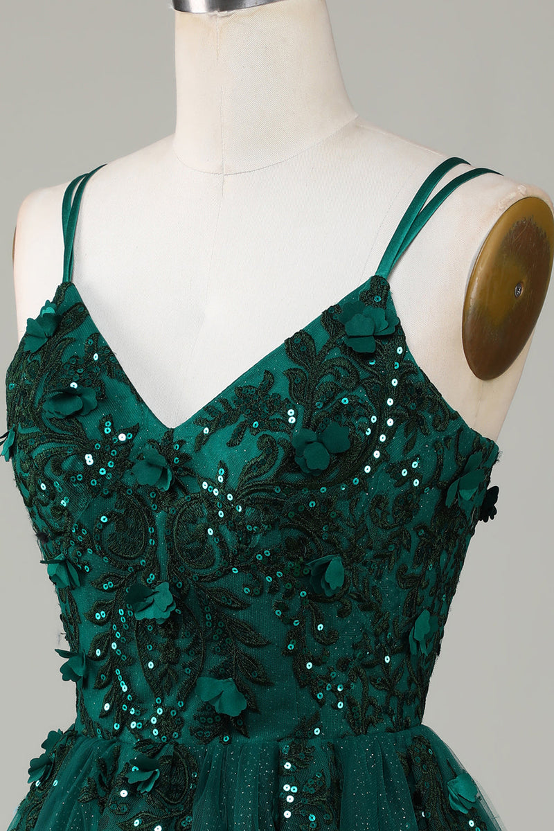 Cargar imagen en el visor de la galería, Elegante línea de espagueti correas verde oscuro vestido corto de bienvenida con apliques abalorios