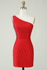 Cargar imagen en el visor de la galería, Sparkly One Shoulder Red Short Homecoming Dress con abalorios
