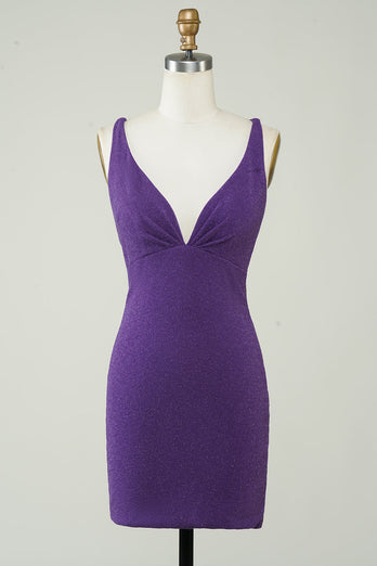 Elegante Deep V Neck Purple Short Homecoming Dress con Criss Cross Back