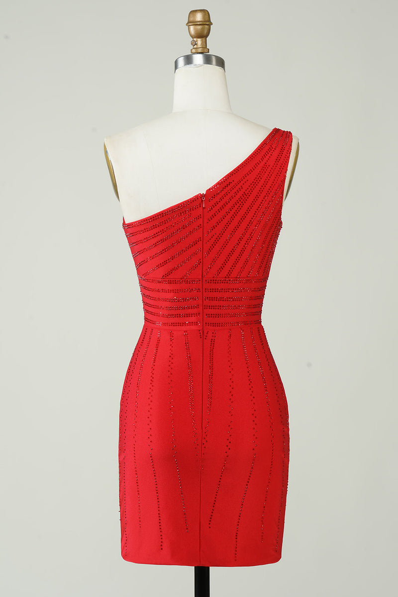 Cargar imagen en el visor de la galería, Sparkly One Shoulder Red Short Homecoming Dress con abalorios
