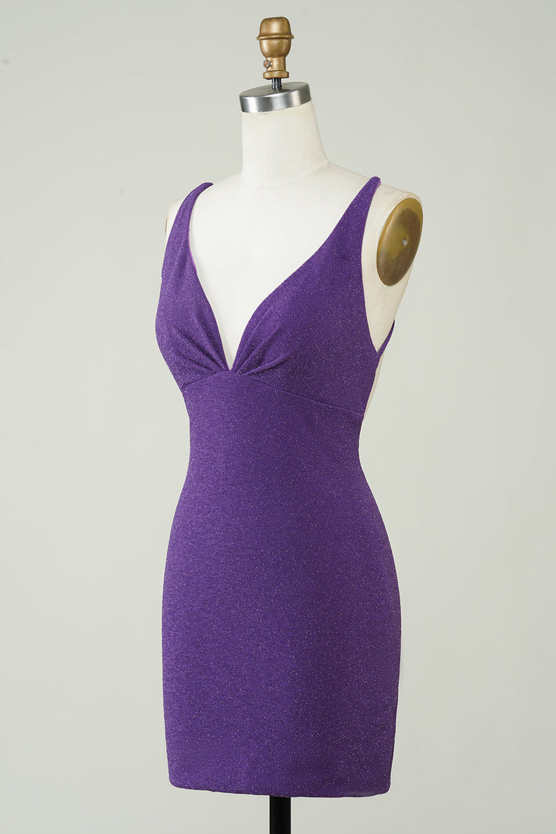Cargar imagen en el visor de la galería, Elegante Deep V Neck Purple Short Homecoming Dress con Criss Cross Back