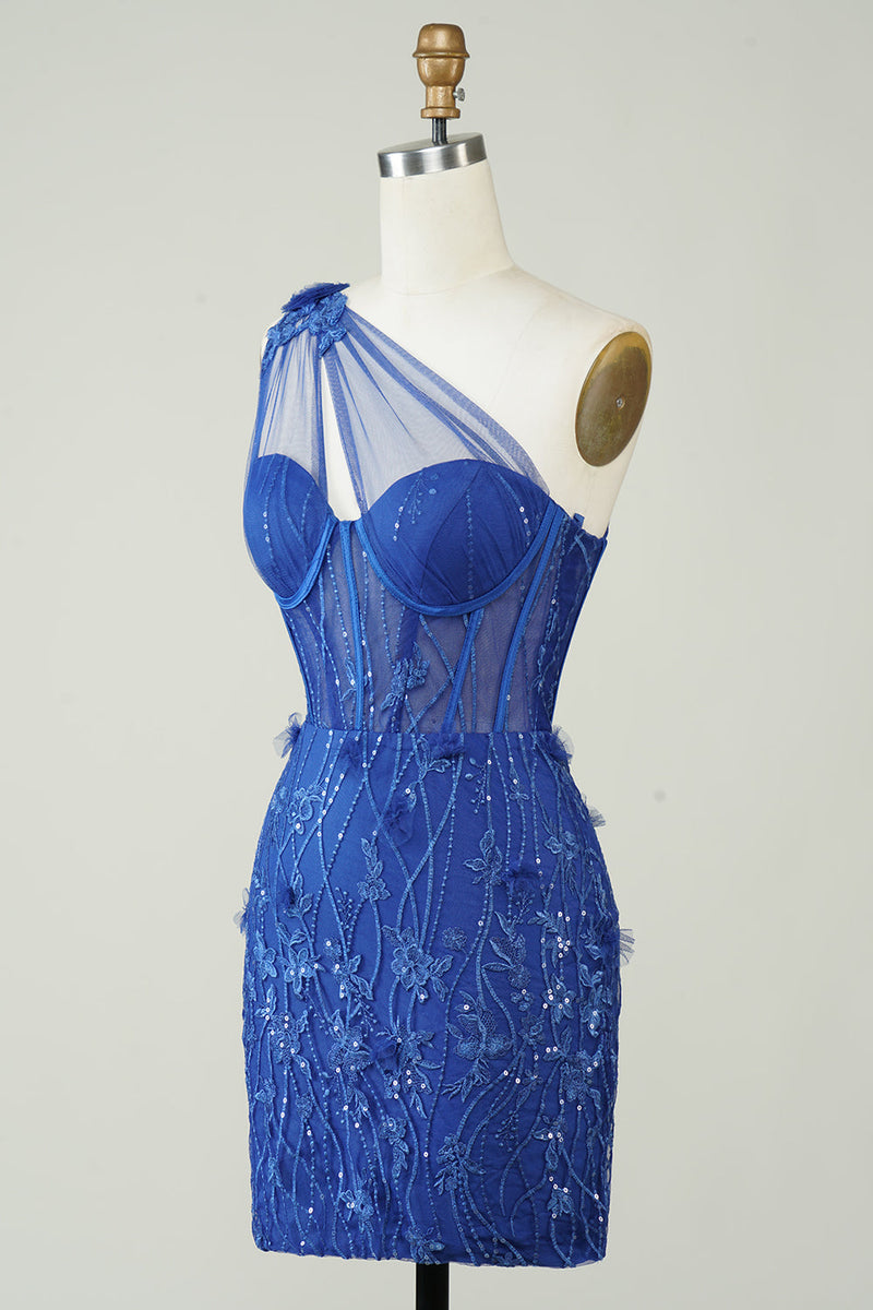 Cargar imagen en el visor de la galería, Vaina única de un hombro Royal Blue Short Homecoming Dress con apliques