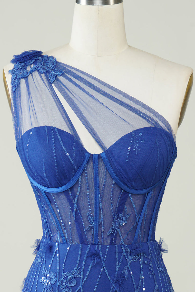 Cargar imagen en el visor de la galería, Vaina única de un hombro Royal Blue Short Homecoming Dress con apliques