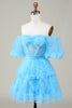 Cargar imagen en el visor de la galería, Lindo Una línea Tul azul Off The Shoulder Short Homecoming Dress
