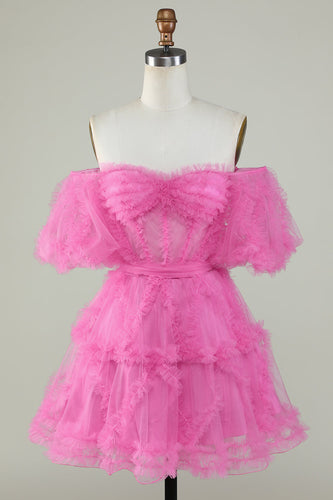 Lindo vestido de bienvenida de tul rosa de una línea del hombro