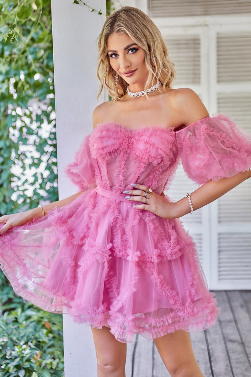 Cargar imagen en el visor de la galería, Hot Pink Off the Shoulder Tulle Homecoming Dress