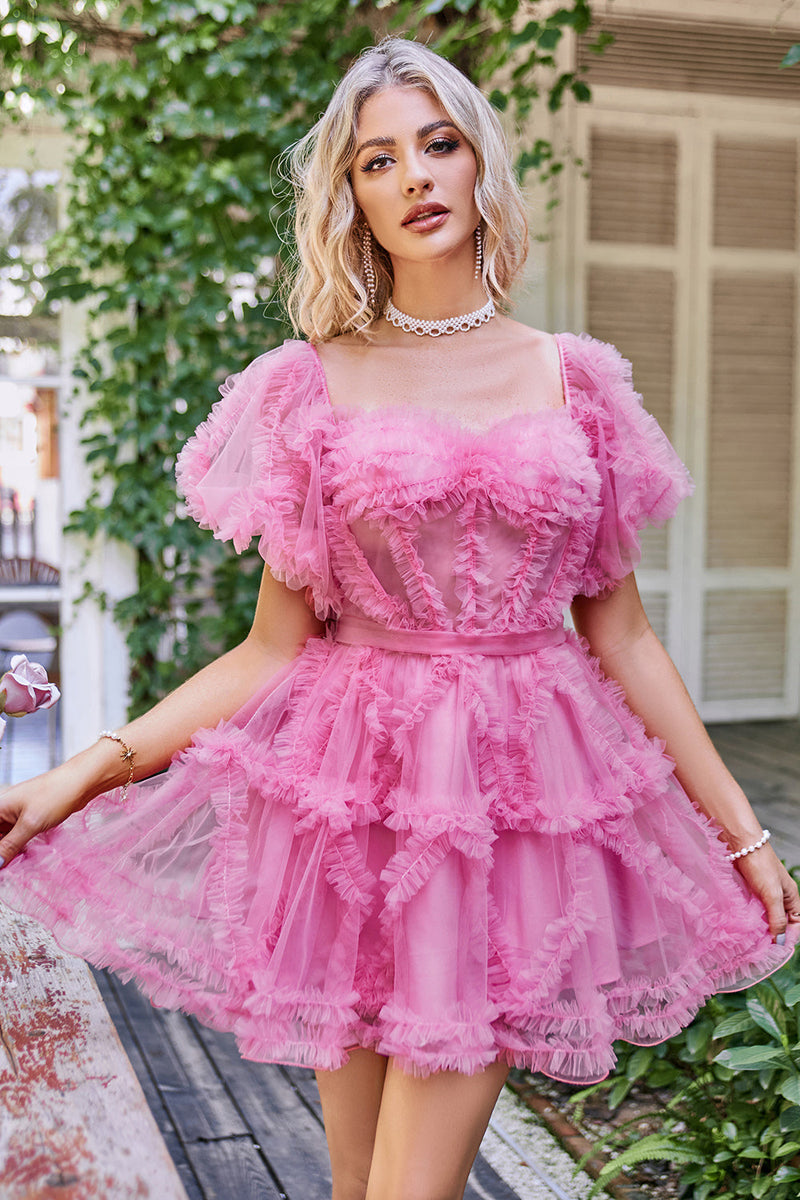 Cargar imagen en el visor de la galería, Hot Pink Off the Shoulder Tulle Homecoming Dress