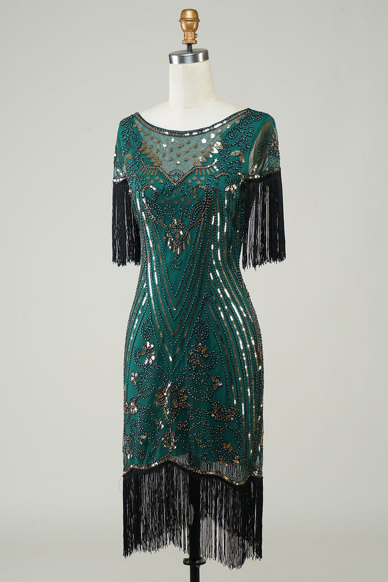 Cargar imagen en el visor de la galería, Vestido de lentejuelas verde oscuro de la década de 1920 con flecos