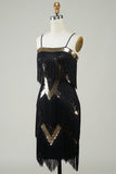 Correas de espagueti negro lentejuelas Vestido de la década de 1920 con flecos