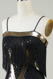 Correas de espagueti negro lentejuelas Vestido de la década de 1920 con flecos