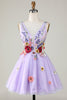 Cargar imagen en el visor de la galería, Una línea Deep V Neck Open Back Purple Homecoming Dress con flores 3D