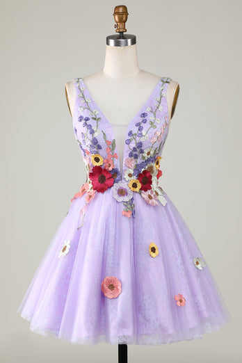 Una línea Deep V Neck Open Back Purple Homecoming Dress con flores 3D