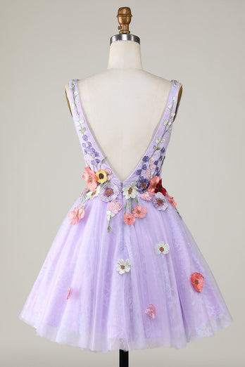 Una línea Deep V Neck Open Back Purple Homecoming Dress con flores 3D