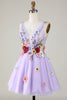 Cargar imagen en el visor de la galería, Una línea Deep V Neck Open Back Purple Homecoming Dress con flores 3D