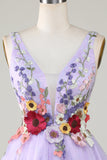 Una línea Deep V Neck Open Back Purple Homecoming Dress con flores 3D