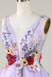 Una línea Deep V Neck Open Back Purple Homecoming Dress con flores 3D