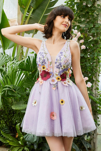 Púrpura Cuello en V Vestido de Cóctel Con Flores 3D