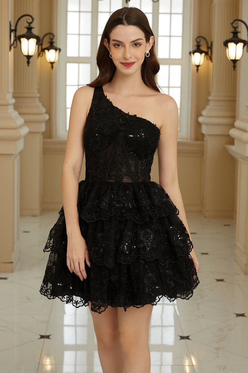 Cargar imagen en el visor de la galería, Elegante A Line One Shoulder Black Short Homecoming Dress con apliques