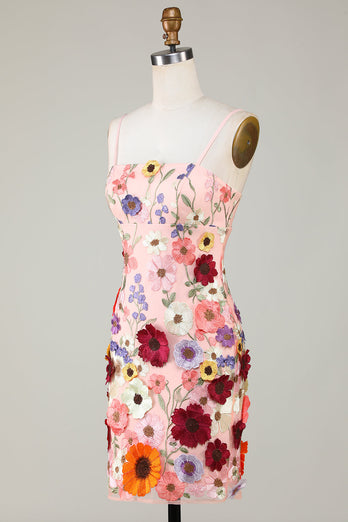 Vaina Spaghetti Straps Blush Homecoming Vestido con flores 3D