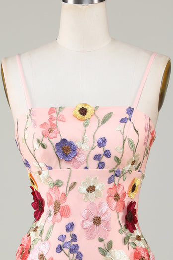 Vaina Spaghetti Straps Blush Homecoming Vestido con flores 3D