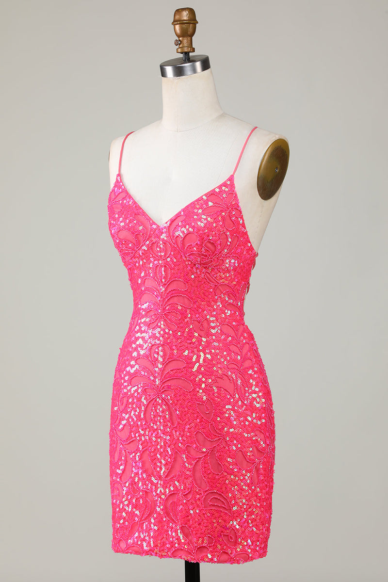Cargar imagen en el visor de la galería, Sparkly Fuchsia Beaded Tight Short Homecoming Dress